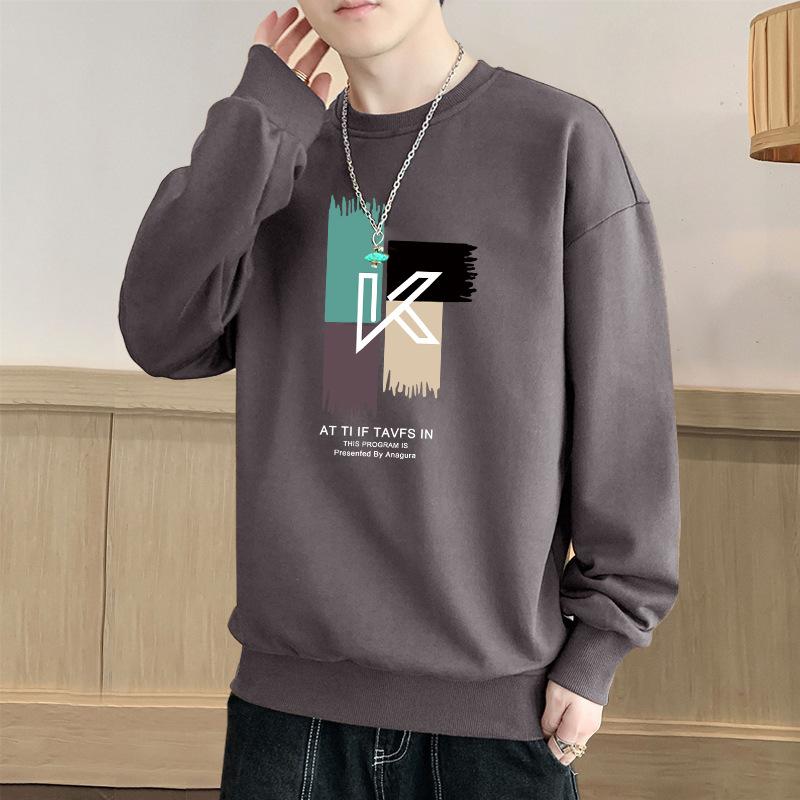 Men's Crew Neck Sweater T-Shirt Bottom Shirt Trend Loose Pullover Casual Autumn and Winter Fleece Thickened Long Sleeves