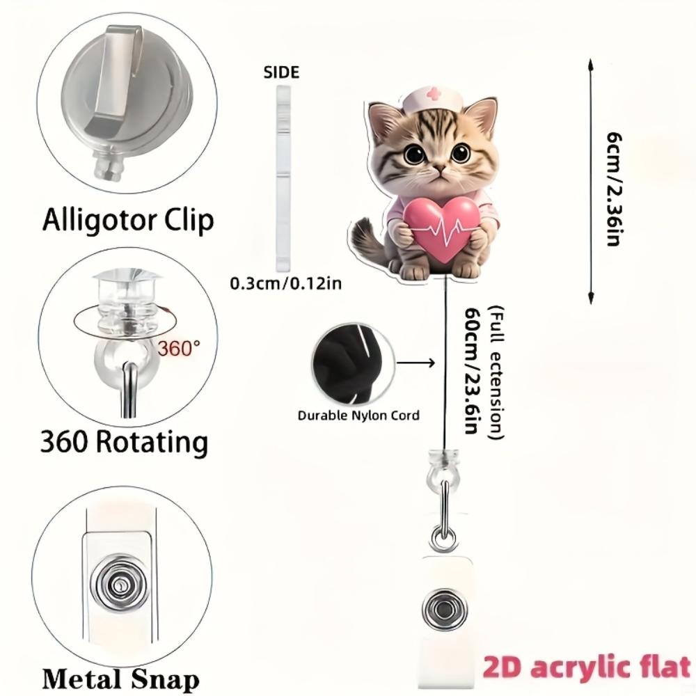 Porta badge retrattile con cordino a forma di cuore che si abbraccia e gatto in acrilico 2D, porta badge identificativo per infermieri e studenti di medicina