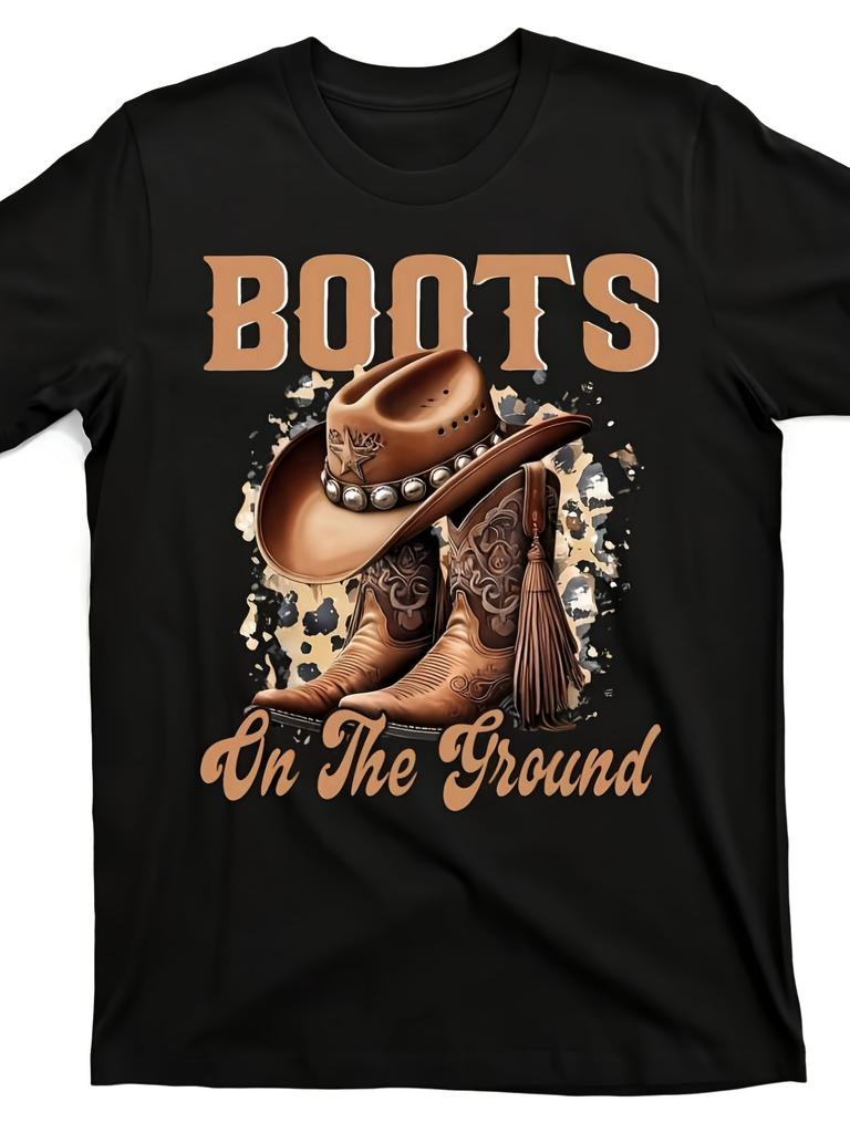 Boots On The Ground Print Retro Tee Soft Breathable Round Neck Short Sleeve Casual Shirt Suitable For Country Music Festivals Boots Design