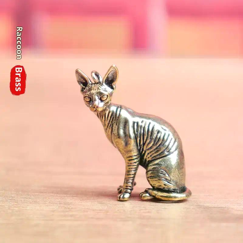 Vintage Animal Figurines Model Lucky Home Decorations Crafts Accessories Solid Brass Hairless Cat Small Statue Desktop Ornaments