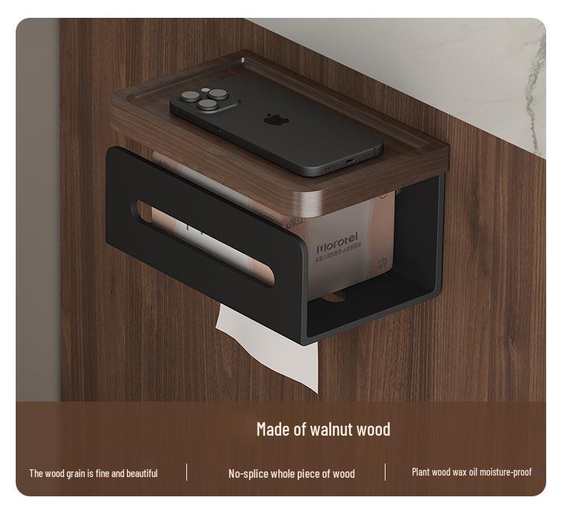 Punch-Free Black Walnut Paper Towel Holder & Wall-Mounted Tissue Dispenser with Mobile Phone Rack