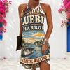 Women Plus Size Halter Criss Cross Cutout Sleeveless Printed Fitted Curved Hem Dress