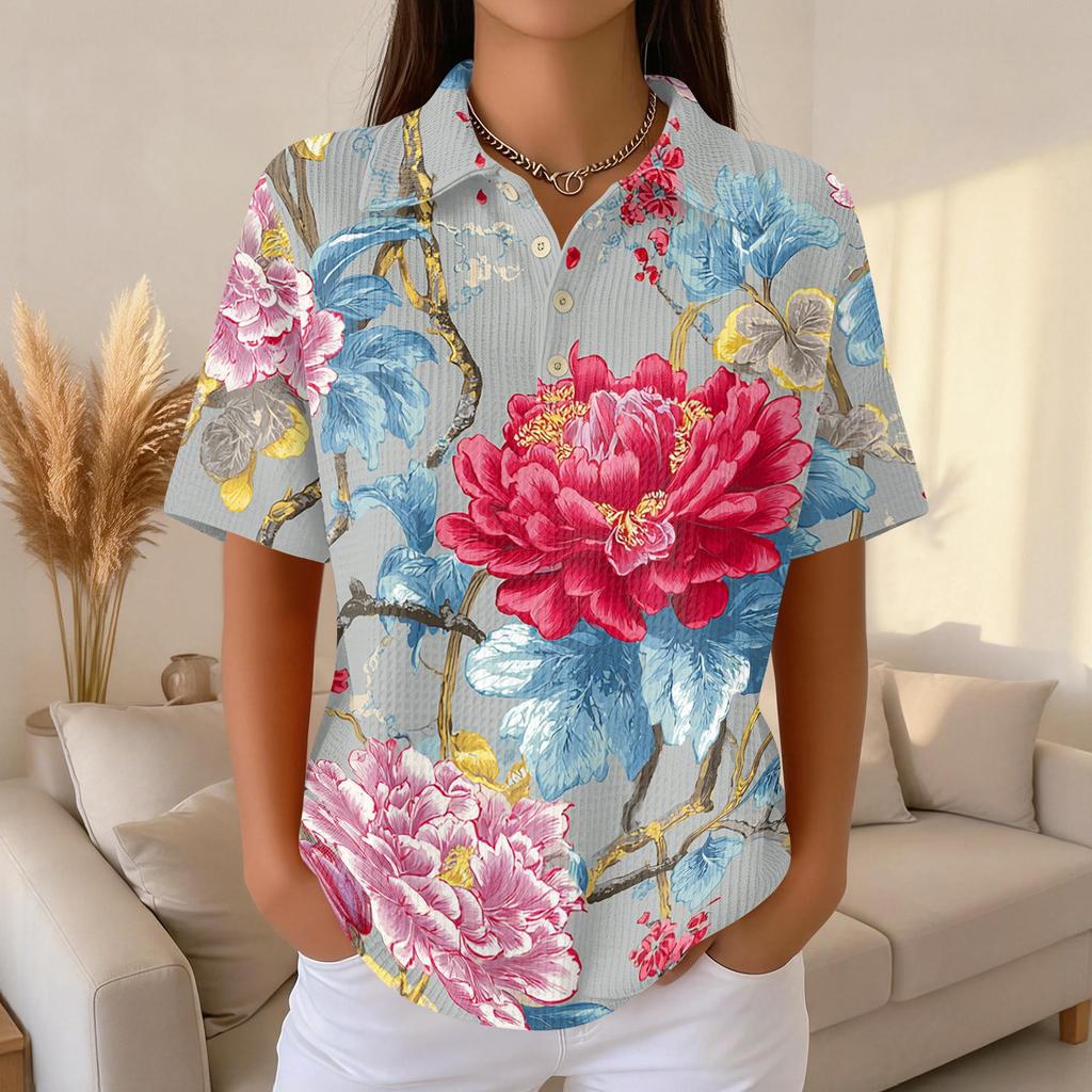 Women's Casual Short Sleeve Waffle Knit Polo Shirt Retro Floral Print Button Down Top Lightweight Breathable Summer Blouse