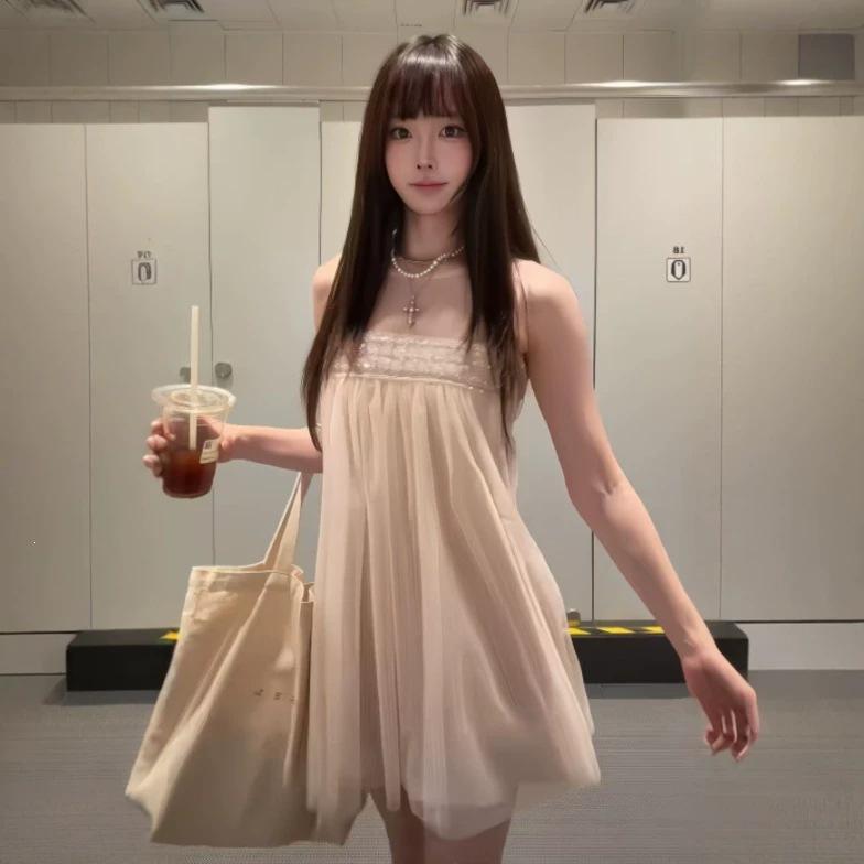 French pure desire sweet girl wind mesh sleeveless dress women's year summer new dating atmosphere princess dress