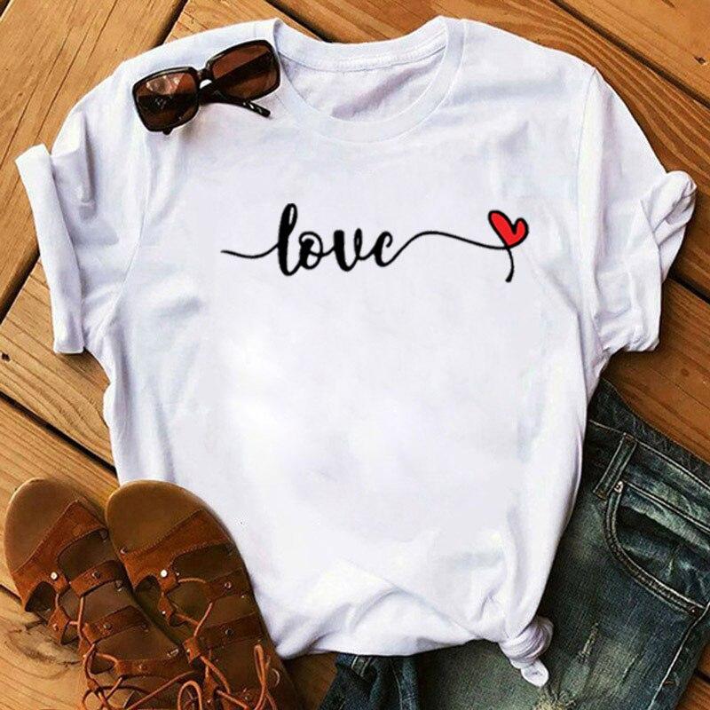 Graphic T-Shirt Women Clothing Harajuku Heart Print Aesthetic Basic O-Neck Tops Casual Tshirt Tee Fashion Roupas Femininas