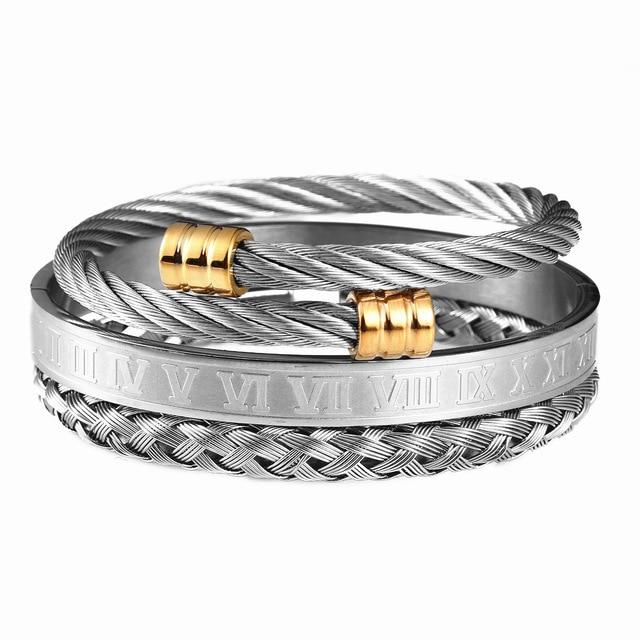 Luxury 3pcs /Set Stainless Steel Bracelet Hip Hop Men Jewelry Roman Number Charm Gold Color Jewelry For Men Pulseira Bileklik