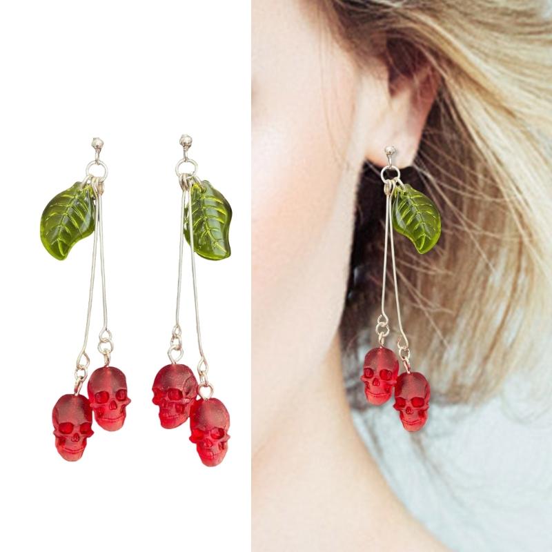 Gothic Skull Earrings in Fashionable Red Vampires Skull Style with Green Leaf Details for Fashion Forward Women