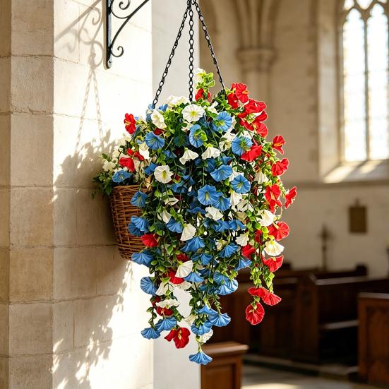 Yousheng Patriotic Hanging Flowers, Artificial Red White Blue Flowers Hanging Basket, Outdoor 4th of July Hanging Flower Basket for Porch Garden Decor