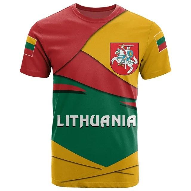 Lithuanian Flag and Emblem 3D Printed T-shirt Summer Round Neck Short Sleeve Sports Street Men's T-shirts