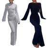 Beach Cover-up Dress See-through Round Neck Long Sleeves Slim Fit Skinny Lace-up Backless Elastic Sun Protection Anti-UV Floor Length