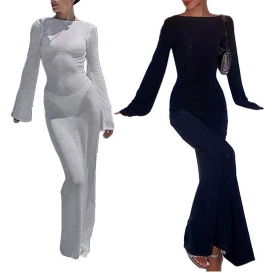 Beach Cover-up Dress See-through Round Neck Long Sleeves Slim Fit Skinny Lace-up Backless Elastic Sun Protection Anti-UV Floor Length