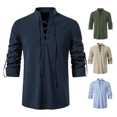 Spring Men Shirt Lace-up Strap Stand Collar Retro Long Sleeves Solid Color Soft Breathable Pullover Mid Length