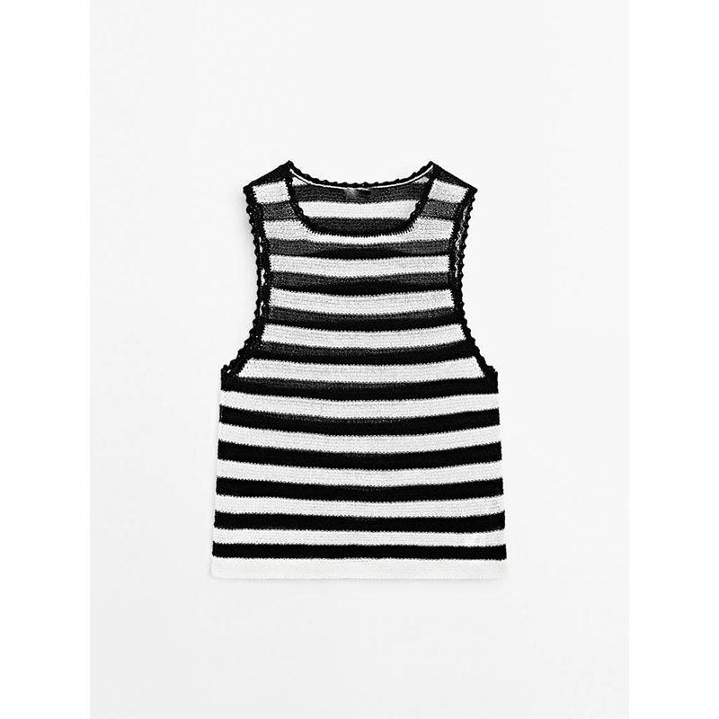 MD Women clothes Navigation Series Black and White Stripe Lace Knitted I-Shaped Vest Sleeveless T-shirt Top Tide 06811701800