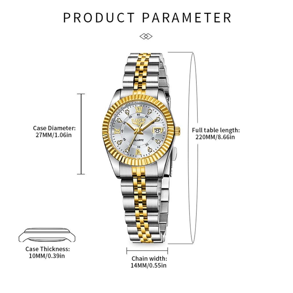 LIGE Moodne naiste käekell, lihtne elegantne terasest automaatne kuupäevaga veekindel naiste kvartskella