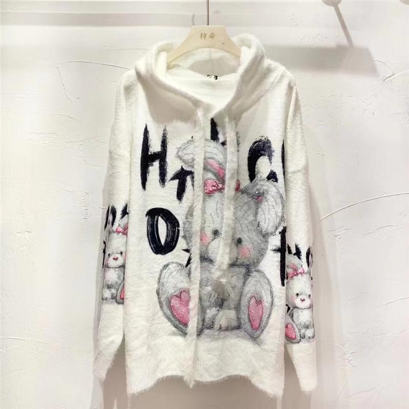 2023 Autumn/Winter Women's Hooded Loose Sweater with Cartoon Rabbit and Rhinestone Design
