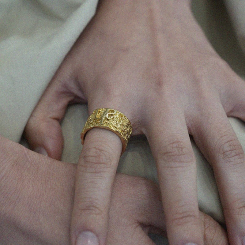 ahjeong Bold AHJ Rough Texture Ring. Gold