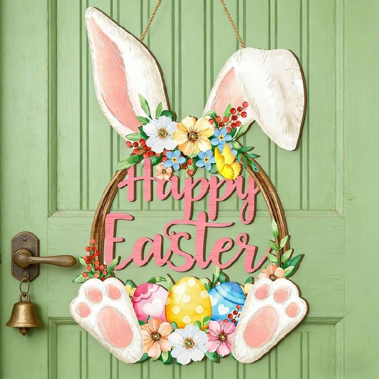 Wooden Easter Decors Rabbit Sign With Spring Floral Designs Perfect For Party Decorations And Creating Cheer
