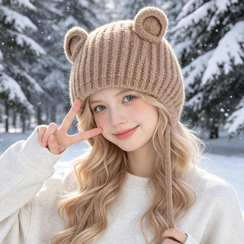 Cute Baby Bear Ear Knit Hat with Tie Strings Warm Winter Bonnet for Infants Toddlers Soft