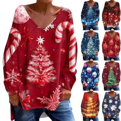 Women's Fashionable Casual Long Sleeved Christmas Printed V Neck Loose T Shirt Top