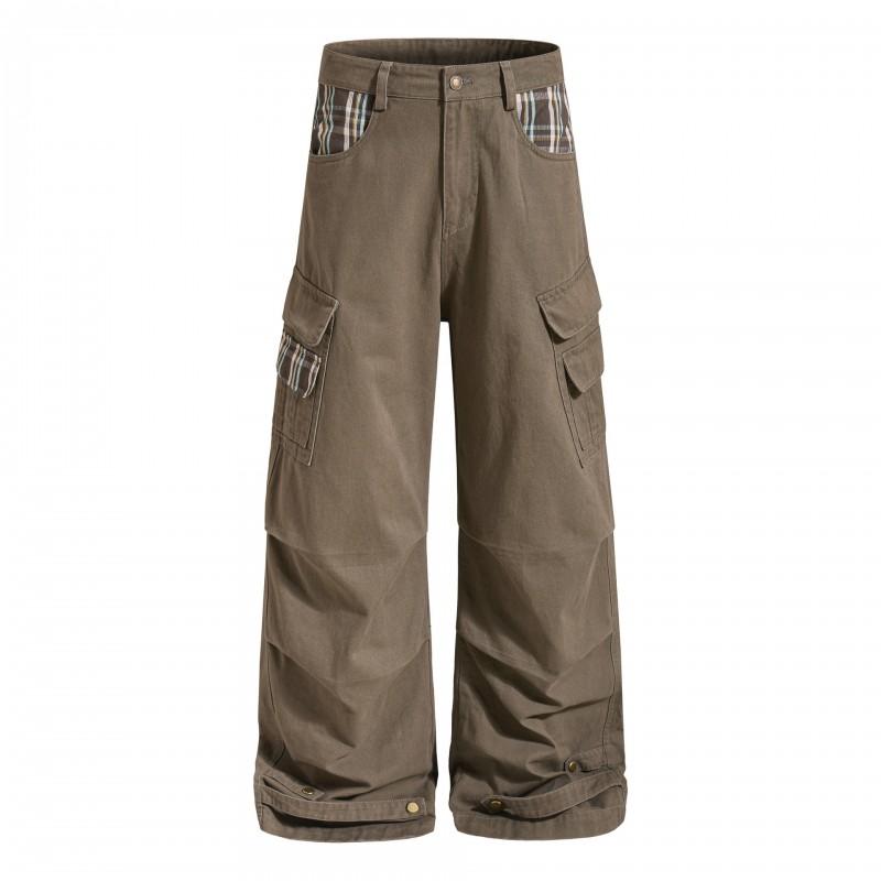 Mens Womens Vintage Americana Cargo Pants With Plaid Patchwork Loose Fit Wide Leg Casual Trousers