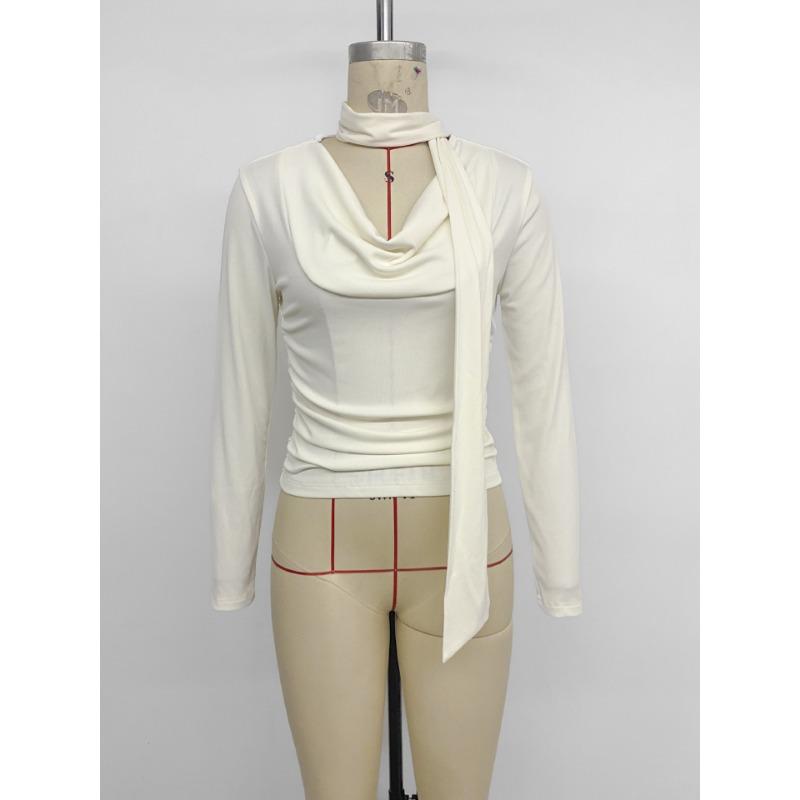 Autumn Winter New Style Pleated Tops Elegant Slim Bottoming Long-sleeved Collared T-shirts for Women