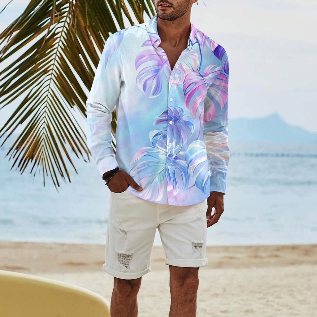 Men's Fashion Long Sleeve Printed Casual T Shirt Button Regular Fit Shirt Top
