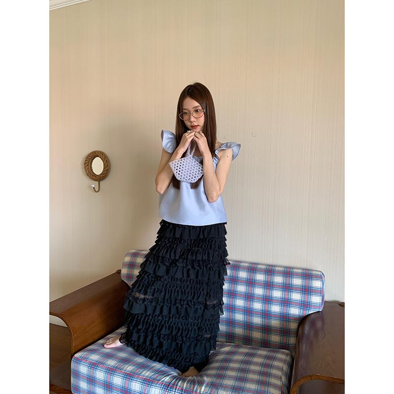 NEWOPEN Summer Pleated Lace High-Waisted Layered Cake Midi Skirt