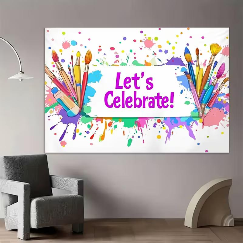 2D "Let's Celebrate!" Art Studio Backdrop Vibrant Paint Splash Themed Party Background