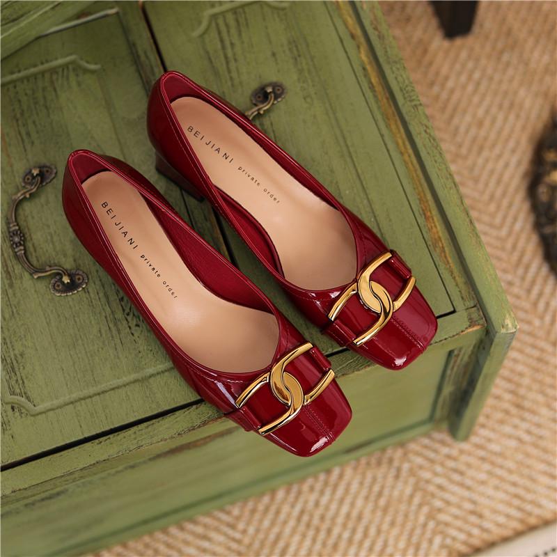 French Retro Sheepskin Patent Leather Square Head High Heels - Women's Two-Way Thick Heels for Autumn