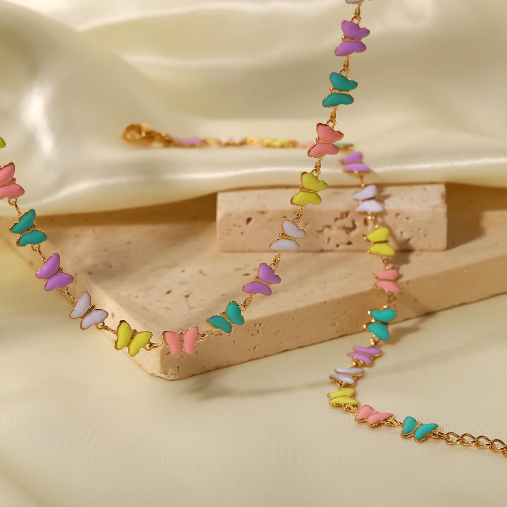 Women's Fashion 18k Gold Stainless Steel Enamel Butterfly Bracelet and Choker Necklace Set