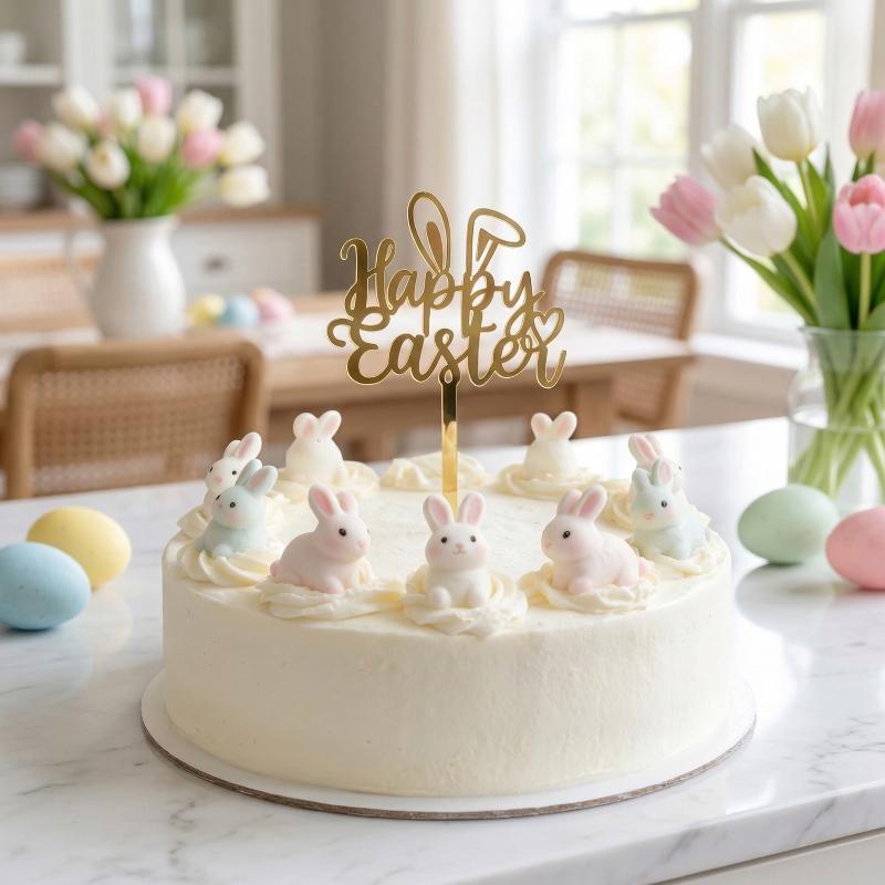 Colored Rabbit Easter Happy Cake Topper Dessert Decorations Gold Acrylic Kids Party Festival Cake Toppers Easter Baking Supplies