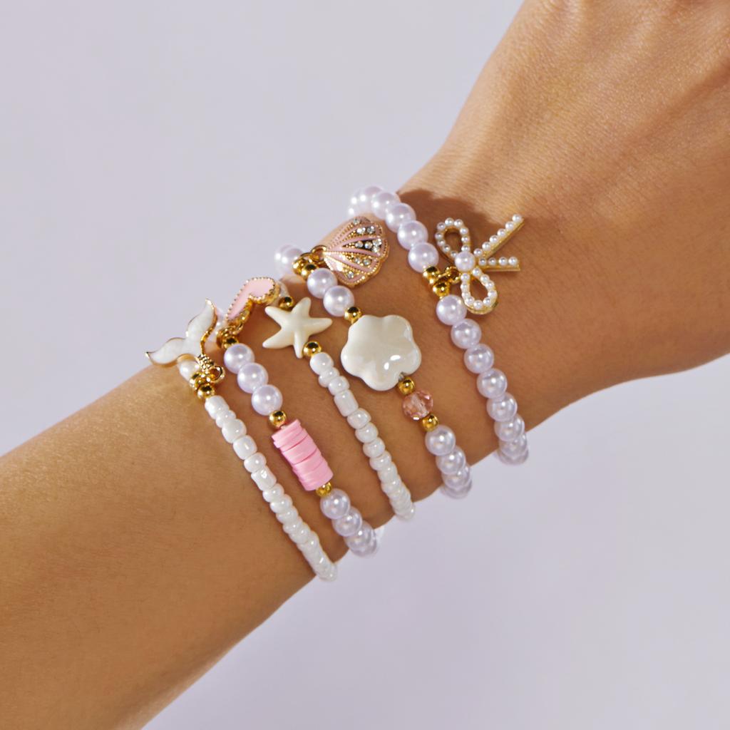 Sweet Pink Rice Bead Bow Bracelets Set for Women Bohemian Summer Shell Starfish Flower Bracelets Trendy Multi Layer Jewelry