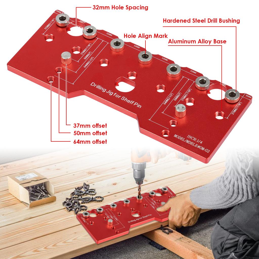 Shelf Pin Jig 1/4in Aluminum Alloy Shelf Pin Drilling Guide Precise Cabinet Mounting Template Jig 32mm Spacing Woodworking Tool
