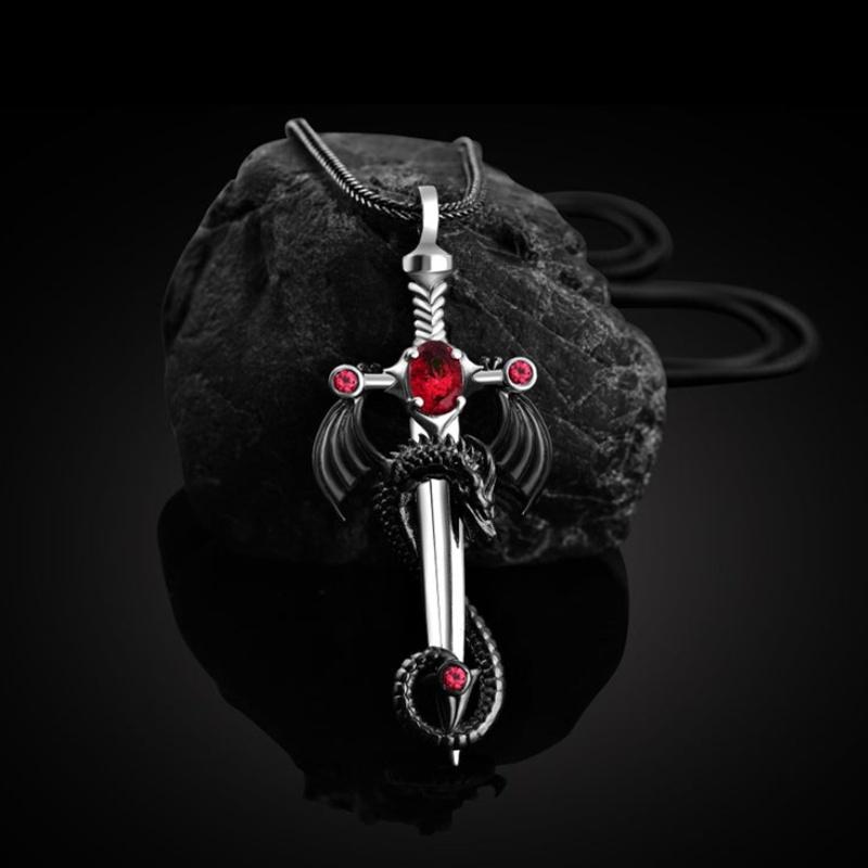 Vintage Gothic Warrior Dragon with Ruby/Sapphire/Emerald Sword Pendant Necklace красный
