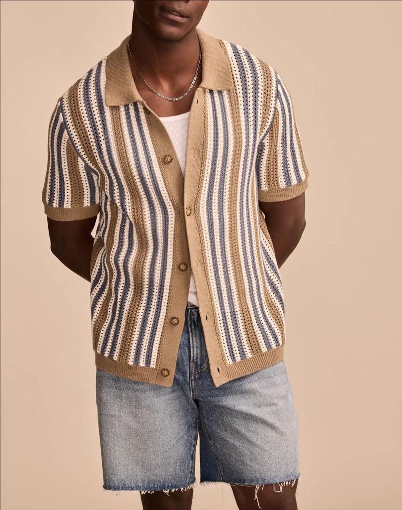 2025 Summer European and American Men's Casual Striped Hollow Knit Polo Shirt BK0068
