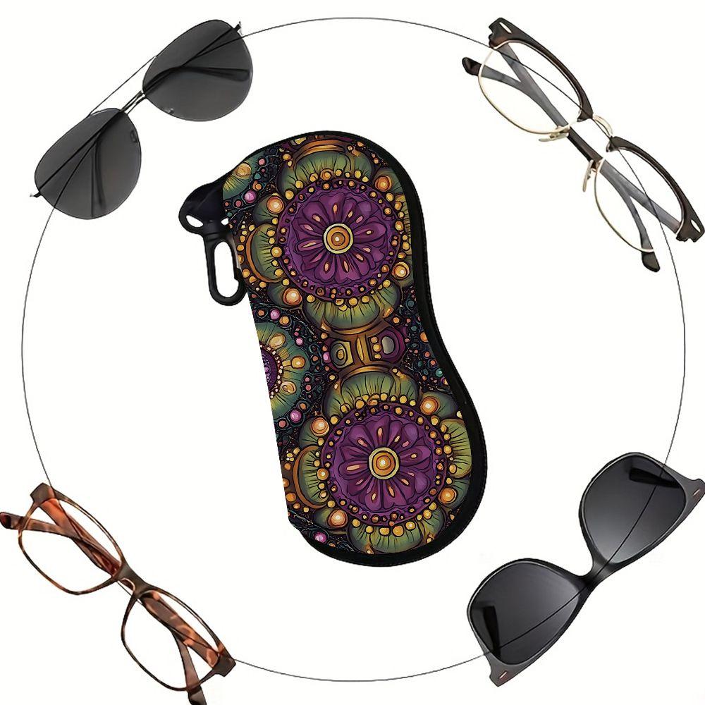 2D-Bohemian Mandala Pattern Protective Eyewear Holder, Sunglasses Case, Vintage Floral Print Glasses Pouch, Zipper Travel Spectacle Organizer Accessor