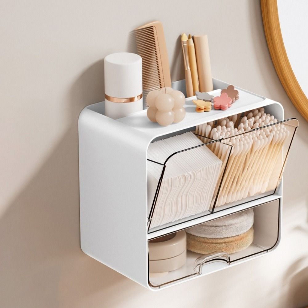 Wandmontierter Spiegelkasten Aufbewahrungsbox Kunststoff Platzsparend Kosmetik-Aufbewahrungsbox Wattestäbchenhalter Wasserdicht Wattepad-Aufbewahrungsbox