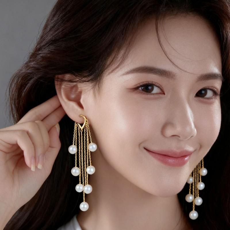 Elegant Long Tassel Earrings With Pearl Strand Gold-Plated Copper Alloy Chic Statement Jewelry Women