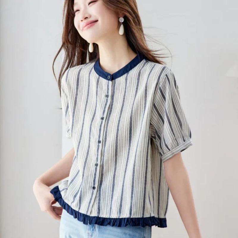 Womens Striped Cotton Blouse Casual Stand Collar Short Puff Sleeve Button Up Shirt