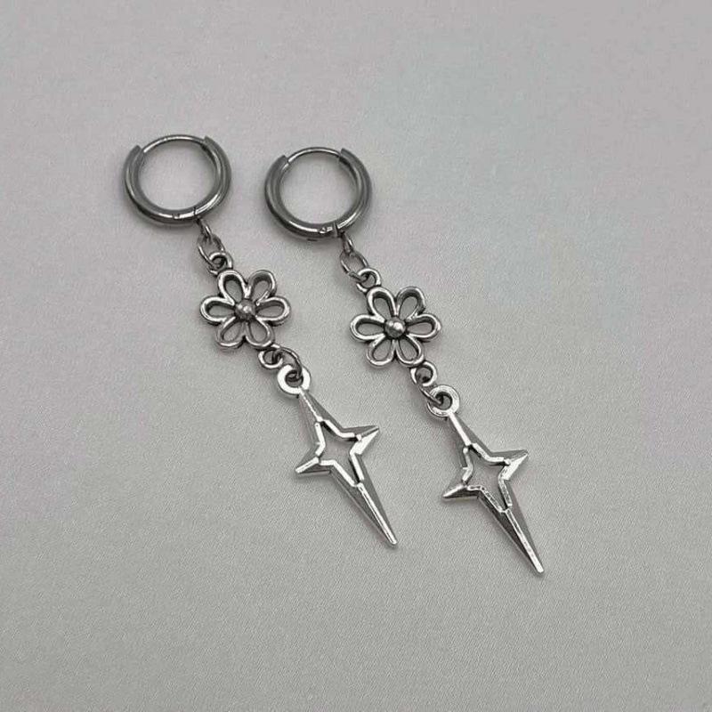 Cross Flower Star Earrings - Hypoallergenic Y2K Gothic Punk Silver Pendant, Nickel-Free