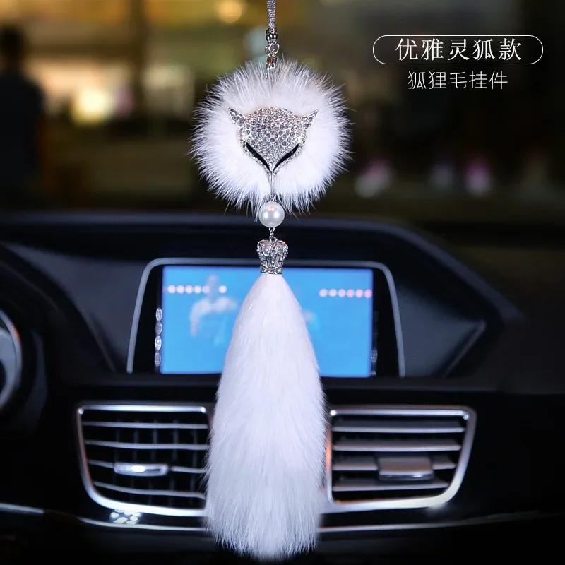Car Pendant Fox Fur Crystal Set with Diamonds High End Ladies Interior Mirror Pendant Car Decor Accessories Interior Ornaments