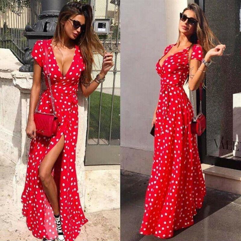Stylish Womens Holiday Polka Dots Slit Maxi Dress Perfect For Summer Beach Outings