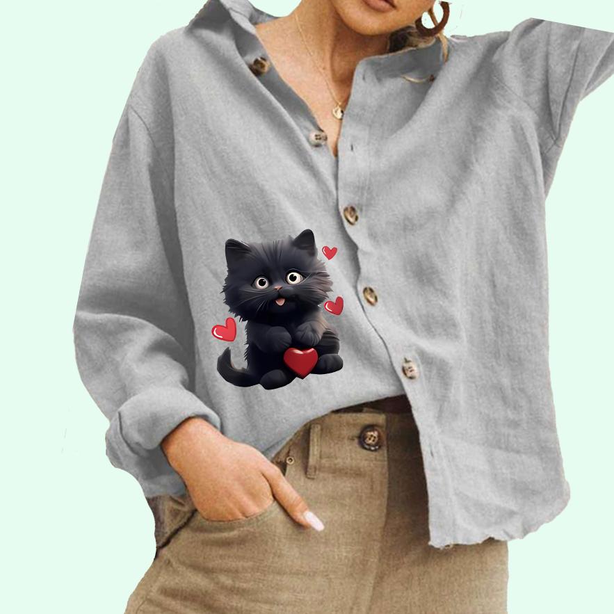 

Женская мода с принтом кота, повседневная рубашка из хлопка и льна, женская блузка на пуговицах L серый