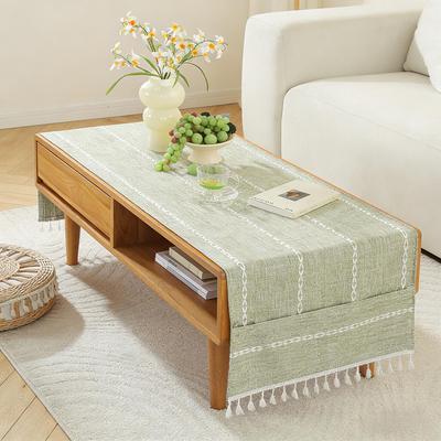 Living Room Machine Washable Farmhouse Linen Coffee Table Cloth with Tassel Decoration