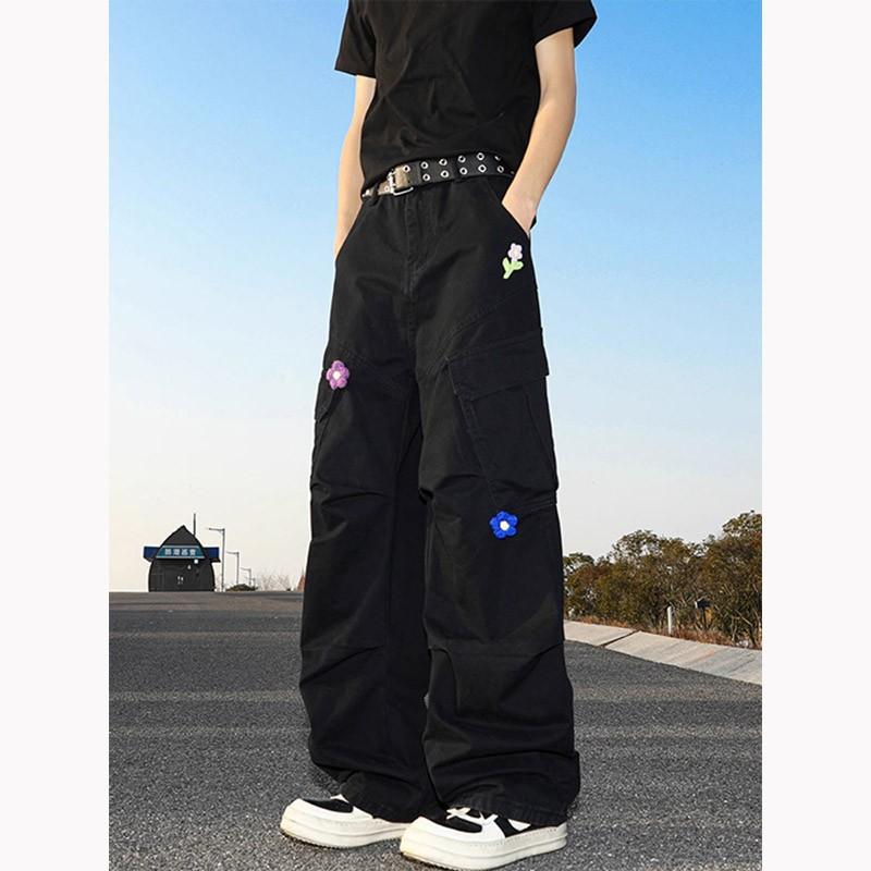 Niche design floral embroidered overalls men s straight loose oversize pants pendant American paratrooper pants M