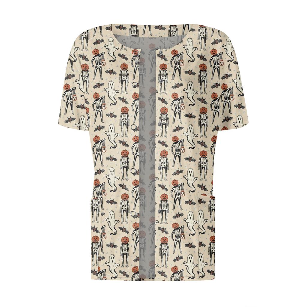 Women's Short Sleeved Patterned Pockets, Work Print Stand Up Collar, Single Breasted Protective Clothing, Cardigan Jacket, Top