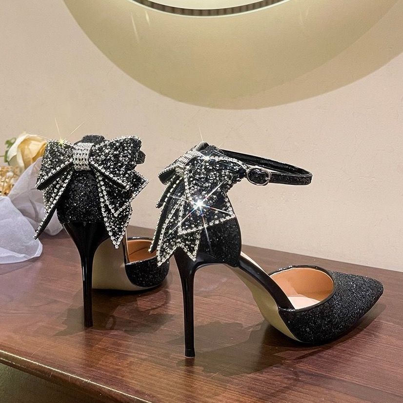 Silver Sequined Pointed High Heels Women's 2025 New Thin Heel Rhinestone Bow Wedding Shoes Temperament Crystal Single Shoes
