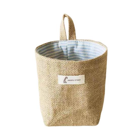 Cotton Linen Hanging Storage Bag Wall Mounted Storage Basket Small Folding Storage Bag with Handle for Keys Toys Cosmetics