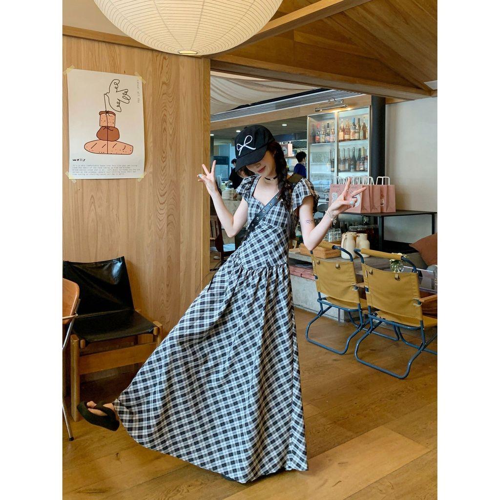 French Vintage Square Collar Puff Sleeve Gingham Dress With Polyester Fabric For Summer Women