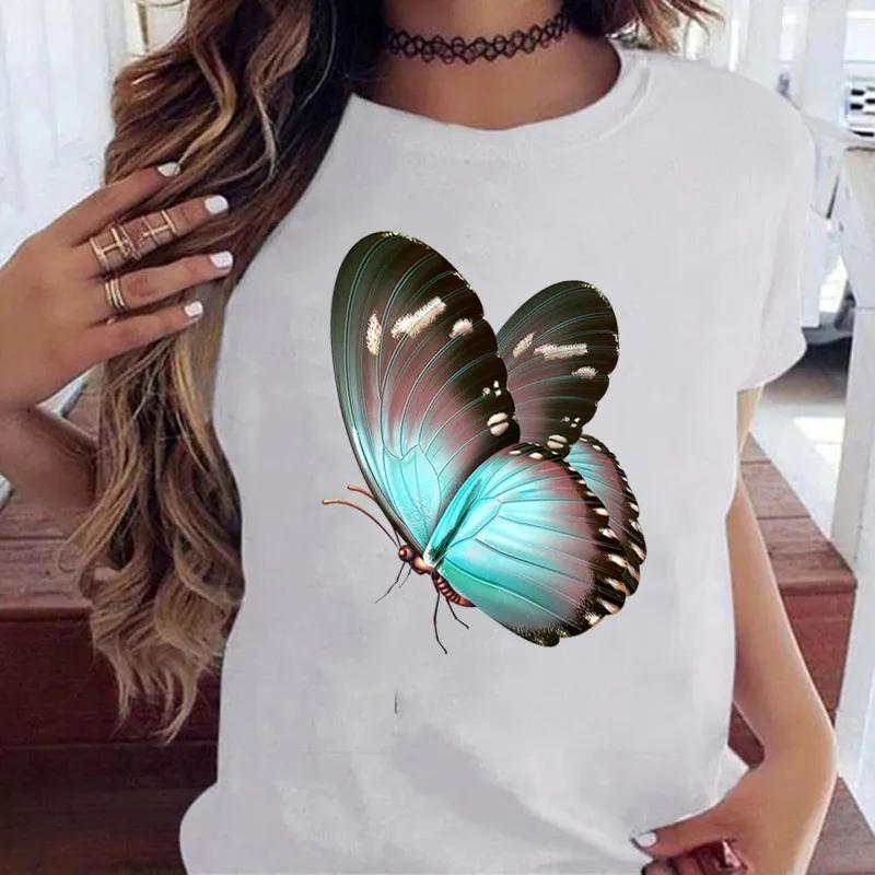 Woman Butterfly Tree Print Harajuku Summer Tshirts Casual Round Neck Short Slee Top Tee Shirt Women Black T-shirt Drop Ship